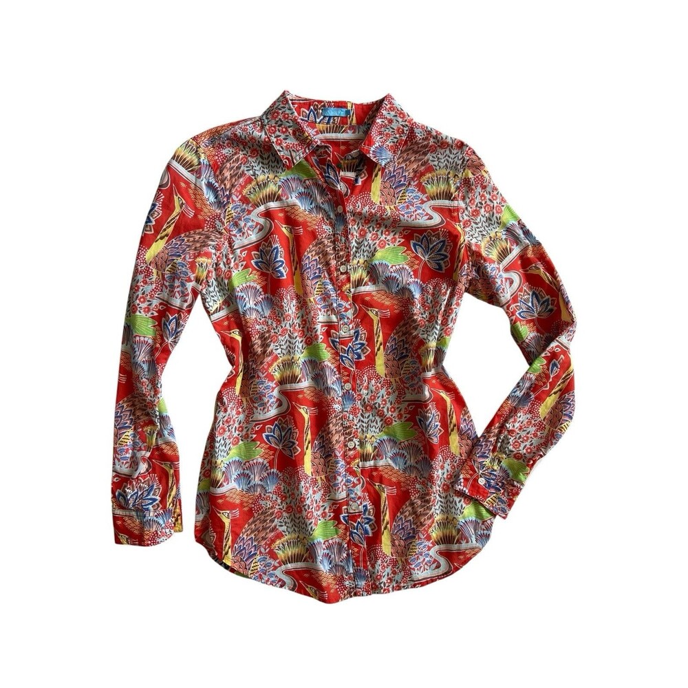 J.‎ McLaughlin Womens Lois Shirt Size S Red Paradise Tropical Ornate Birds Artsy - Picture 5 of 15